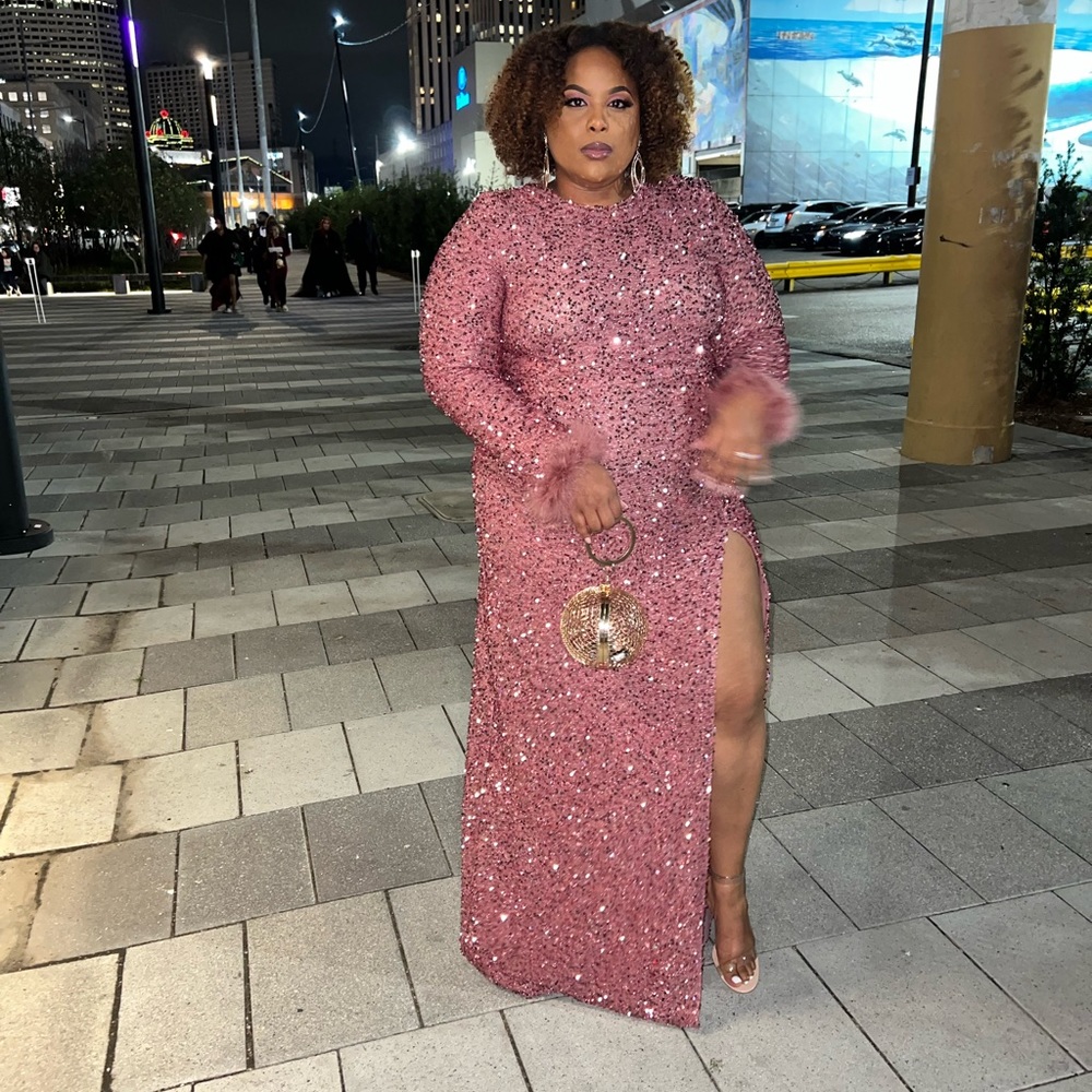 Pink sequin gown with split worn once